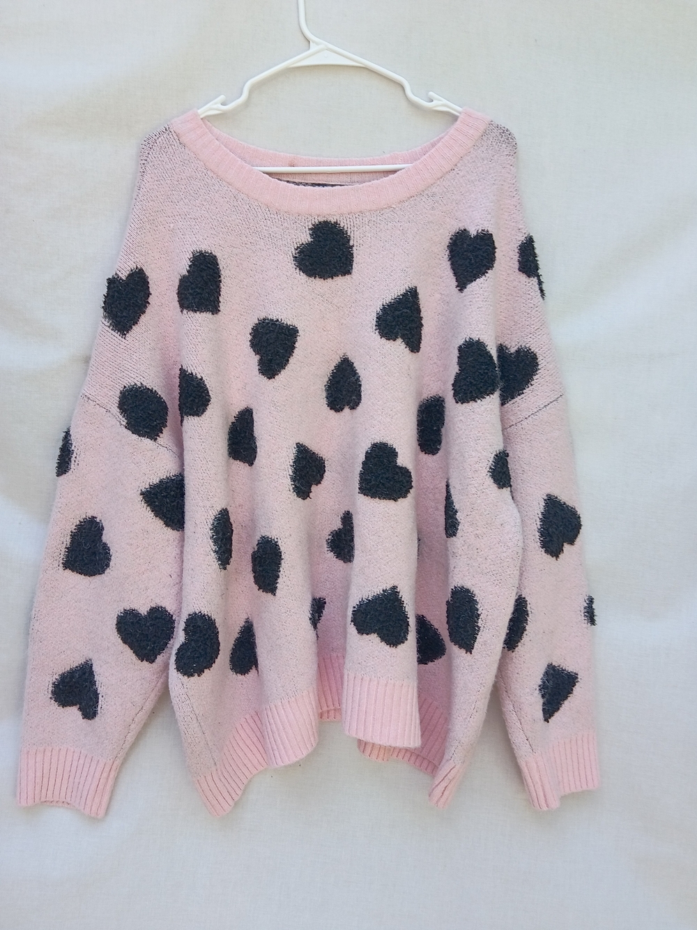 Torrid Pink Vegan Cashmere Oversized Pullover Sweater With Black Fuzzy Hearts 3